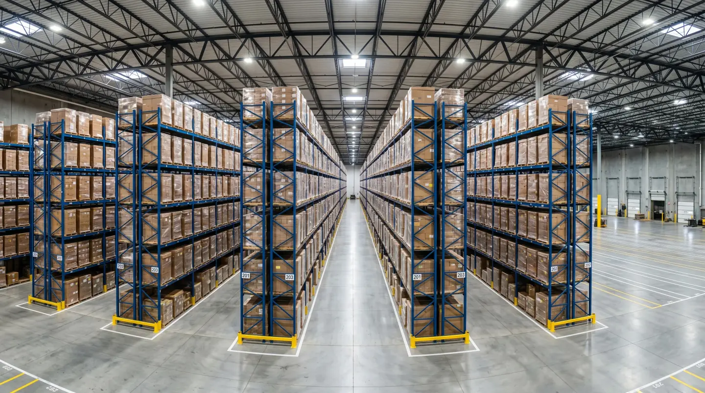 Yellow pallet racking system loaded with inventory in a Greater Houston warehouse