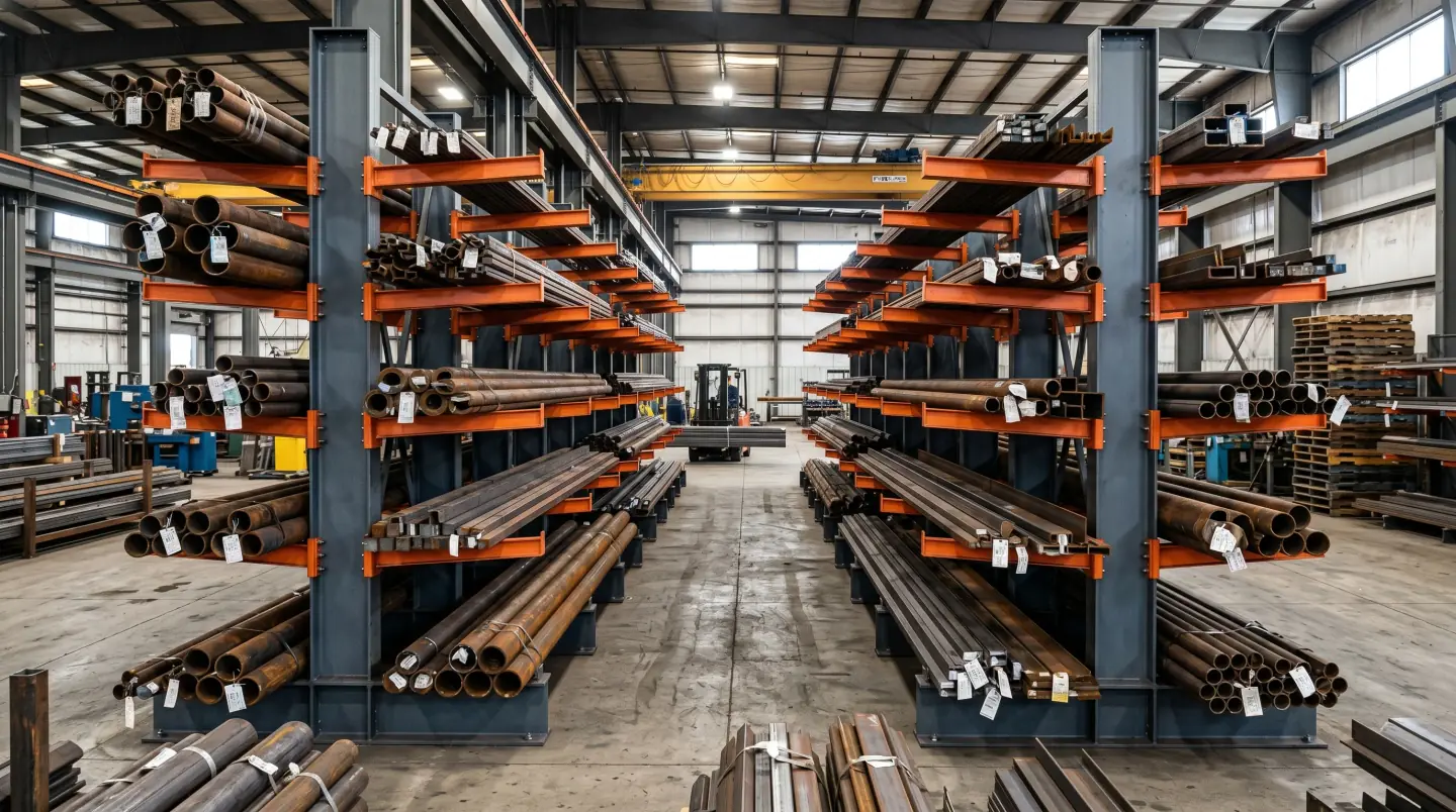 Heavy-duty structural cantilever rack storing pipe, steel, and lumber bundles in a Greater Houston industrial distributor