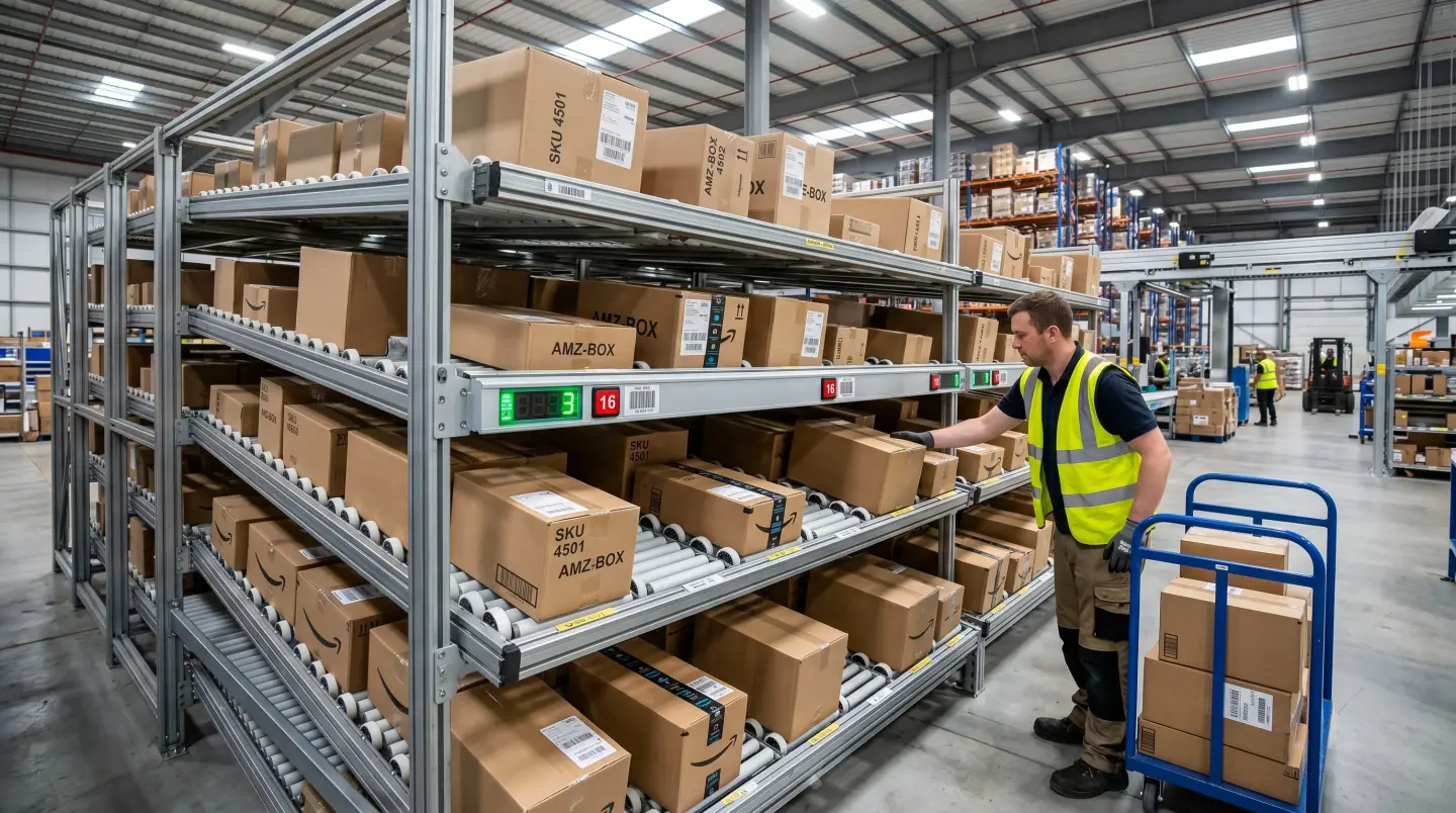 Multi-tier carton flow rack with skate-wheel tracks and warehouse operator picking cases in a Greater Houston fulfillment center