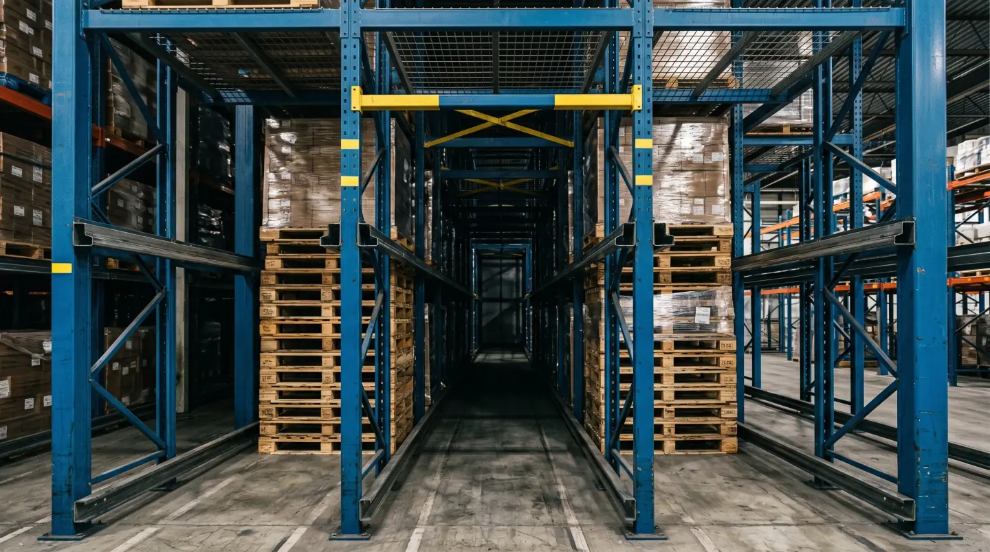 Drive-in pallet rack system with forklift entering the rack structure in a Greater Houston cold storage warehouse