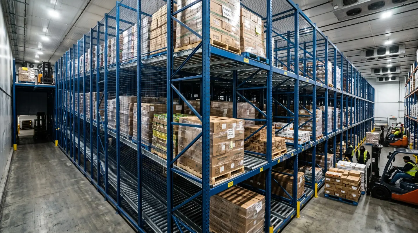 Deep-lane pallet flow rack with gravity rollers in a Greater Houston refrigerated distribution center